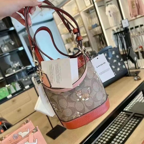 Coach MINI DEMPSEY BUCKET BAG IN SIGNATURE CANVAS WITH DANCING KITTEN PRINT NWT - Picture 11 of 14